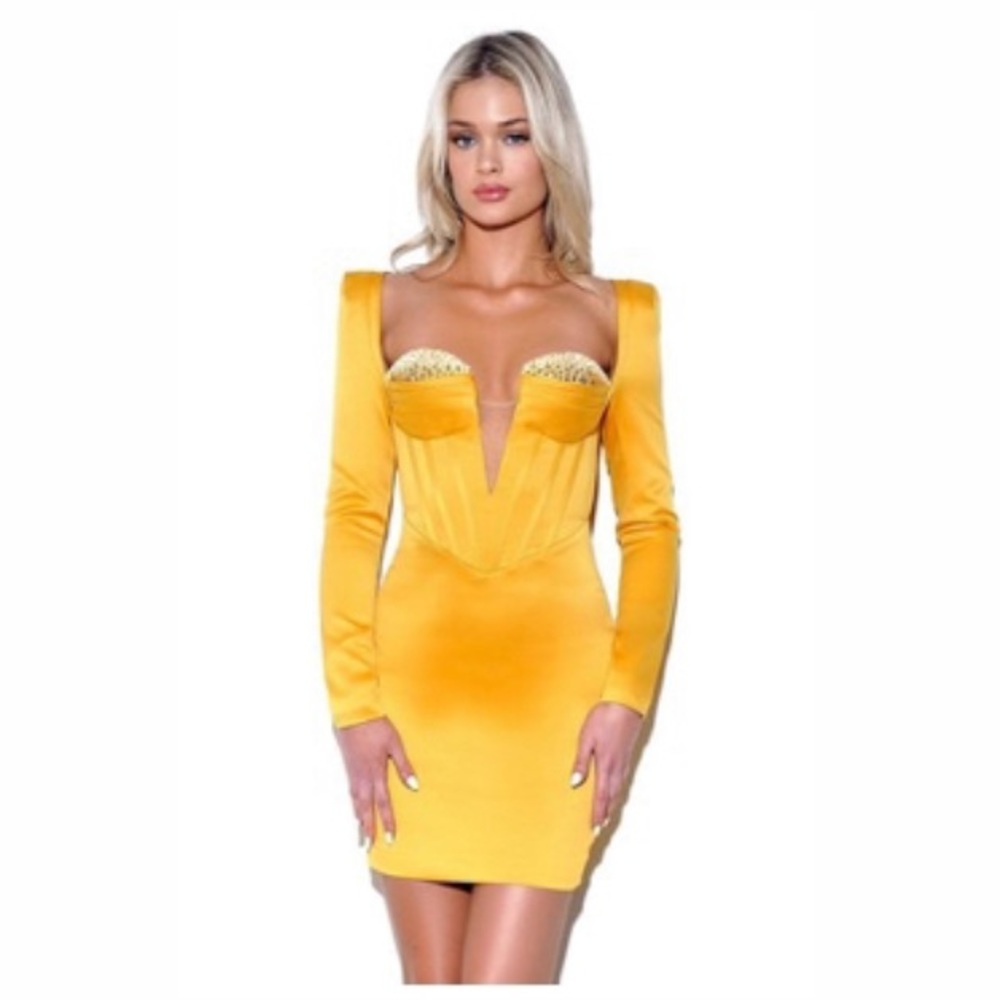 Camila Gold satin corset dress w/ crystals